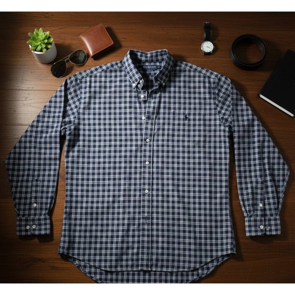 Ralph Lauren Navy & White size large Plaid Button-Down Long Sleeve Shirt 100% Co